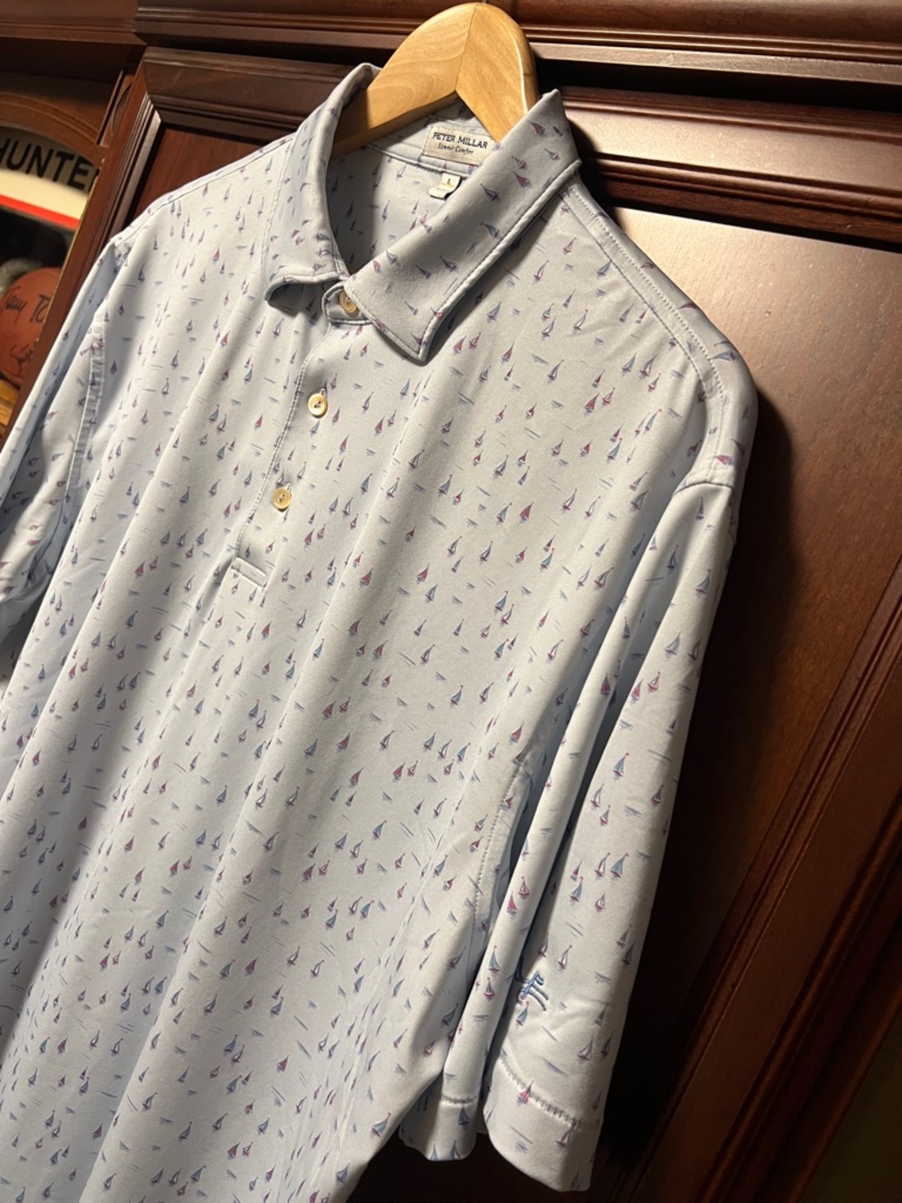 Like New Peter Millar Summer Comfort Light Blue Polo Nautical Sailboat design!